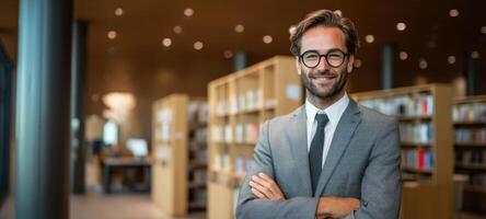 The confident businessman standing in a modern library with bookshelves in the background. photo