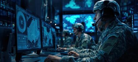 The military personnel engaged in strategic operations at high-tech command center. photo