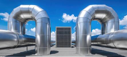 The metallic pipes and ventilation system on a modern rooftop against blue skies. photo