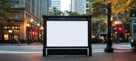 The blank bus stop in an urban setting awaiting advertisements and commuters. photo