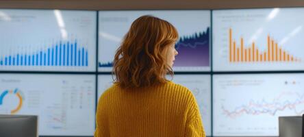 The woman analyzing data trends on multiple large screens in a modern office environment. photo