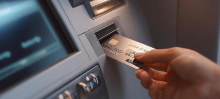 The ATM card being inserted into a cash withdrawal machine photo