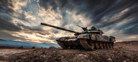 The powerful military tank stands defiantly against a dramatic sunset background. photo