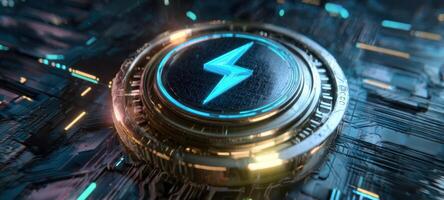 The futuristic lightning symbol on a glowing circuit background. photo