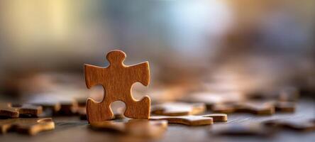 The wooden puzzle piece stands out against a blurred background of scattered pieces. photo