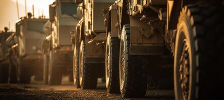 The convoy of military trucks lined up on a rugged terrain at sunset. photo