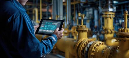 The technician using a tablet for monitoring industrial processes in a facility. photo