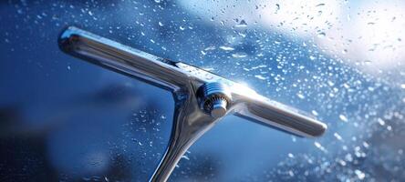The squeegee glistens on a rain-soaked window, capturing reflections. photo