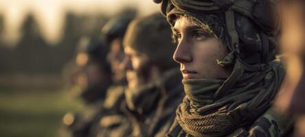 The soldiers standing in formation demonstrating focus and unity during training. photo