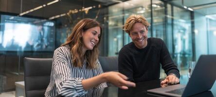 The cheerful collaboration between professionals in a modern office setting. photo