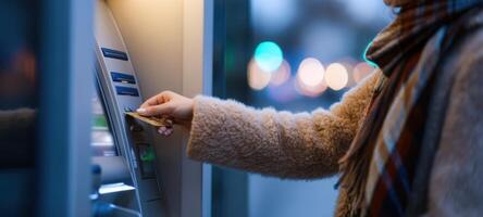 The ATM interaction of a user at night with a card in hand. photo