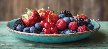 The colorful assortment of fresh berries on a rustic plate. photo