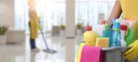 The cleaning supplies displayed prominently in a professional service setting. photo