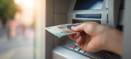 The hand withdrawing cash from an ATM during a sunny urban day. photo