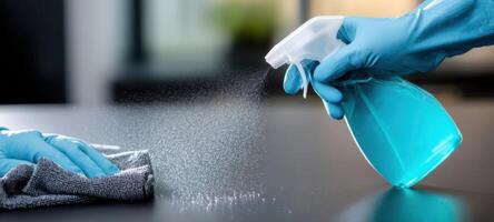The blue spray bottle and cloth being used for effective cleaning. photo