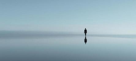 The serene figure walking alone in a tranquil water landscape at dawn. photo