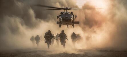The soldiers advance under a helicopter in a dramatic combat scene. photo