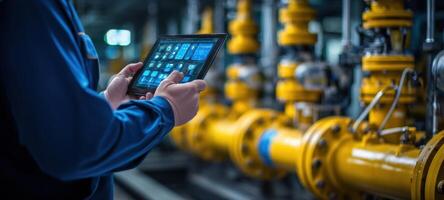 The technician using a tablet to monitor industrial piping systems. photo