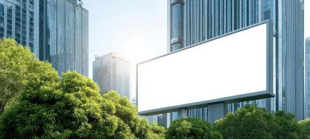 The blank billboard surrounded by lush greenery in a modern cityscape. photo