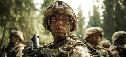 The soldier stands vigilant in a dense forest, embodying strength and commitment. photo
