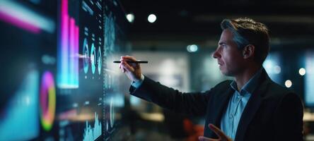 The professional engaging with digital analytics on a futuristic interface. photo
