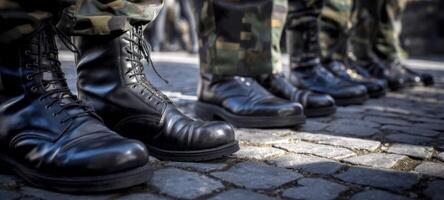 The polished black boots of soldiers standing in perfect formation on parade photo