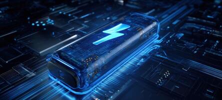The futuristic illuminated battery showcasing advanced energy storage technology. photo