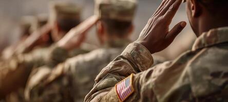 The soldiers salute in unity during an emotional military ceremony. photo