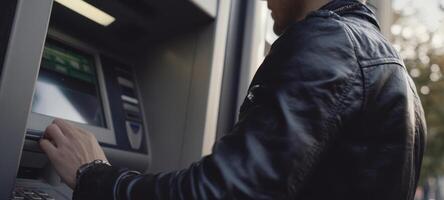 The man using an ATM in an urban setting on a sunny day. photo