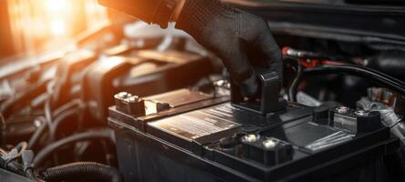 The mechanic replacing a car battery in a well-equipped automotive workshop. photo