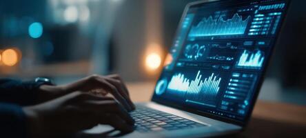 The laptop displaying intricate data analysis and visualizations in a modern workspace. photo
