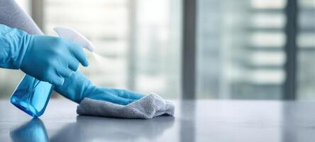 The person cleaning a surface with a spray bottle and cloth. photo