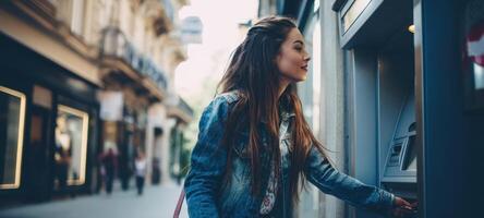 The young woman using an ATM in an urban setting on a sunny day. photo