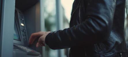 The hand using an ATM in an urban environment at night. photo