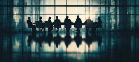 The silhouettes of professionals engaged in a high-stakes business meeting photo
