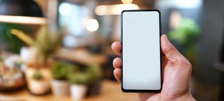 The smartphone held in hand against a blurred background with indoor plants. photo