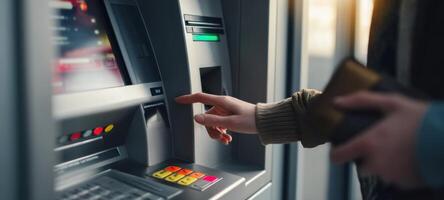 The ATM interaction showcasing a user making a transaction with a wallet. photo