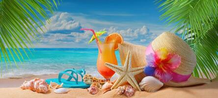 The refreshing cocktail on a tropical beach with summer essentials around photo