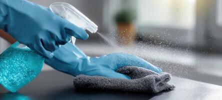 The hands actively cleaning a surface with a spray bottle and cloth. photo