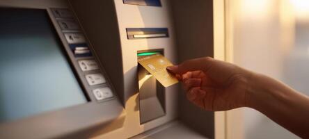 The ATM machine accepting a credit card for a cash withdrawal process. photo