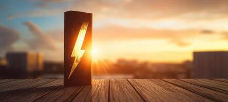 The lightning bolt symbol illuminated by sunset glow on wooden surface. photo