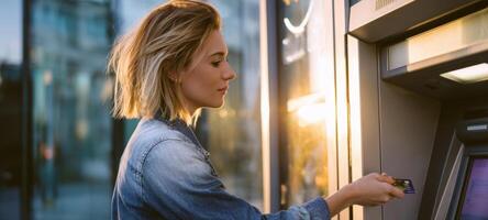 The woman using an ATM in a stylish urban setting during sunset. photo