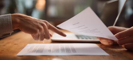 The hands exchanging important documents during a business meeting. photo