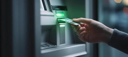The ATM machine in use with a card being inserted for transaction. photo