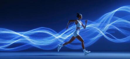 The dynamic athlete running with vibrant blue light trails. photo