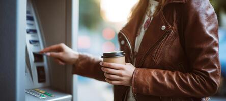 The woman using an ATM while enjoying a coffee in an urban setting. photo