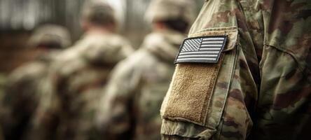 The soldiers showcasing unity and pride in their military uniforms with American patches. photo