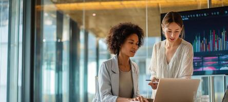 The women collaborating on digital strategies in a modern office environment. photo