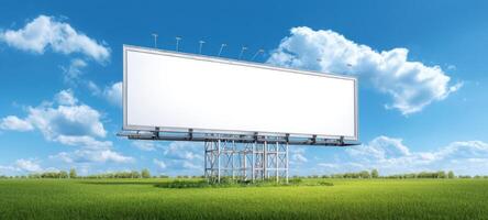 The empty billboard standing tall in a vast green field under a bright sky. photo