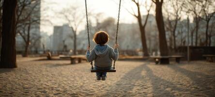 The serene moment of a child swinging at sunset in a tranquil park. photo